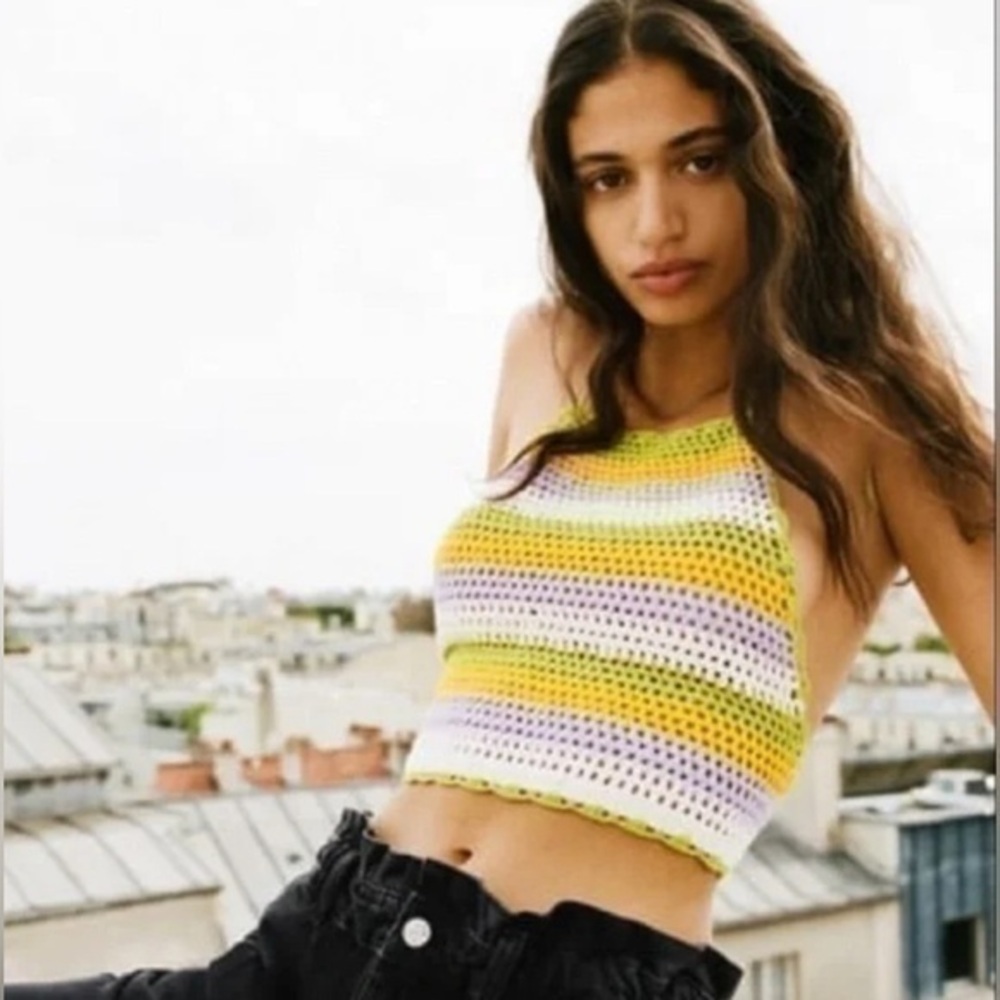 3/$30 _  ZARA | NWT 🏷️ Crochet crop halter top yellow purple green knit medium